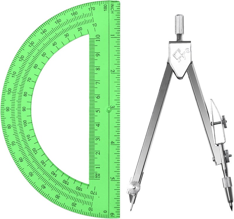 Tdfronien Students Geometry Math Set, Drawing Compass and 6 Inch Transparent Swing arm Protractor 180 Degree Math Protractor (Green) - Image 1